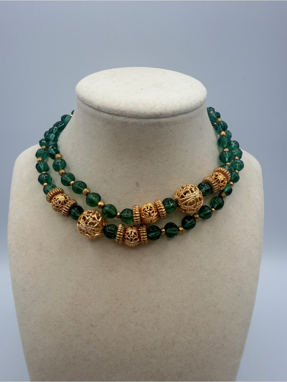 Elegant Green glass Bead Necklace with Gold Filigree Accents 26” long